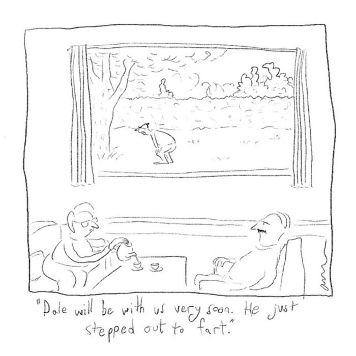 Minimalist comic showing two people inside while another person steps outside, exploring weirder thoughts humorously.