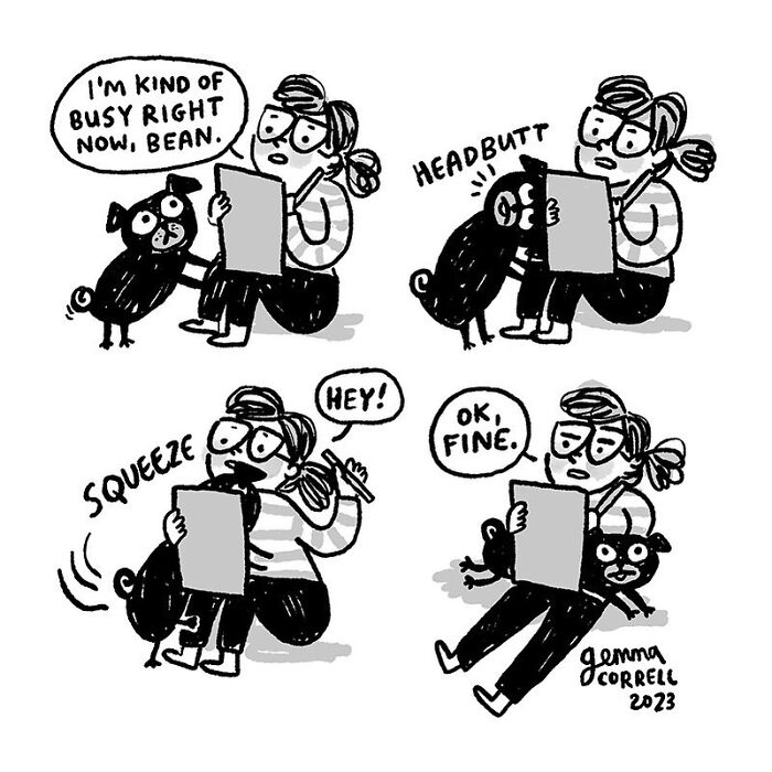 Comic panels showing a pug interrupting its owner multiple times, illustrating funny pug owner behavior traits.