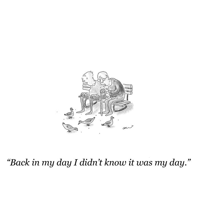 Minimalist comic showing two elderly men on a bench sharing a quirky thought about the past and their day.