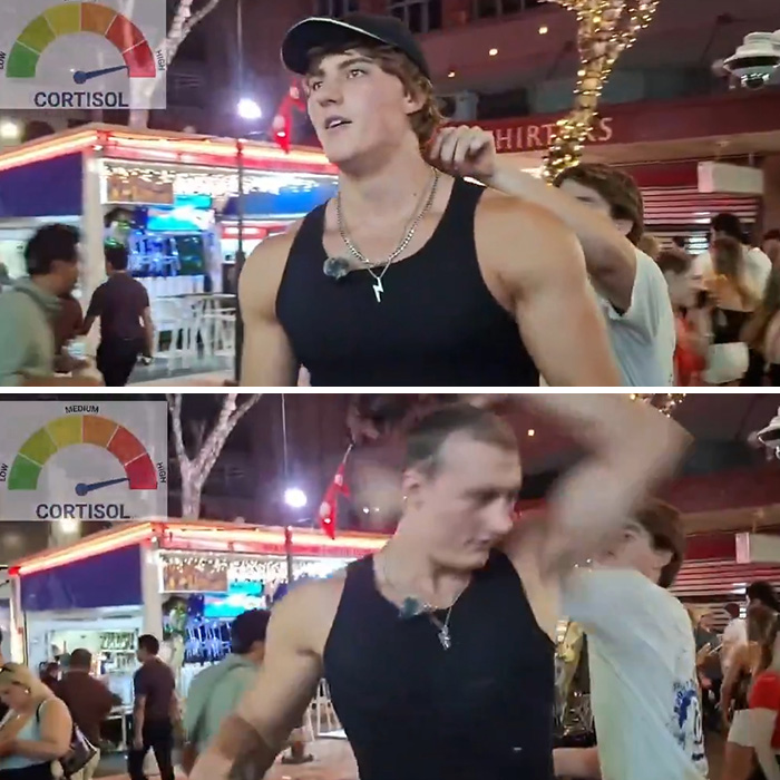 Influencer in black tank top having wig snatched by stranger in crowded nighttime street, cortisol stress levels shown nearby.