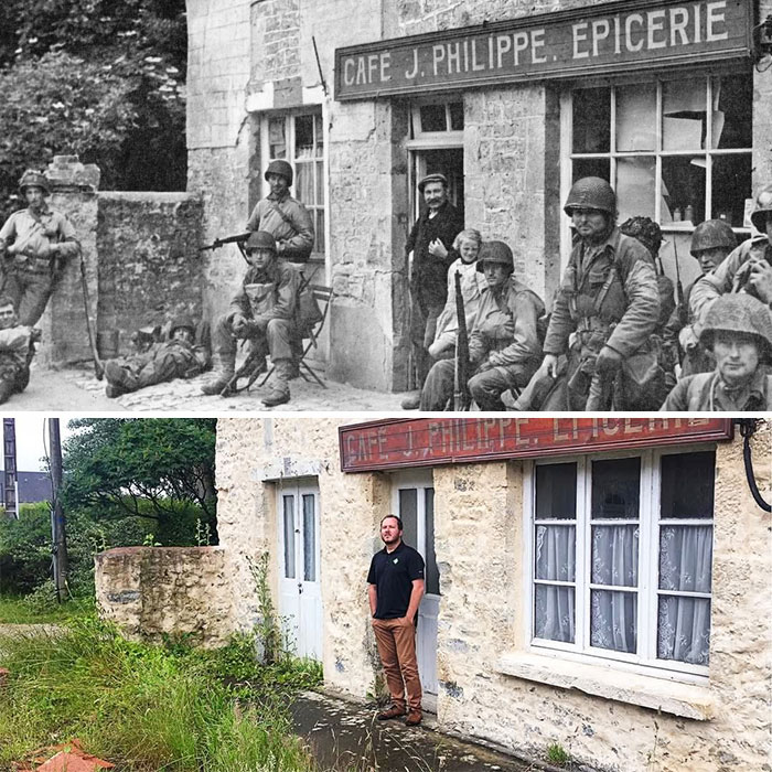 Black and white and color photos of soldiers outside Cafe J. Philippe, showing an interesting side of history unseen in textbooks.
