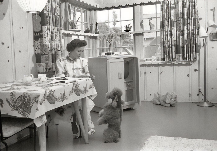Woman in vintage clothing sitting at a table with a poodle standing on hind legs in a historical black and white photo.