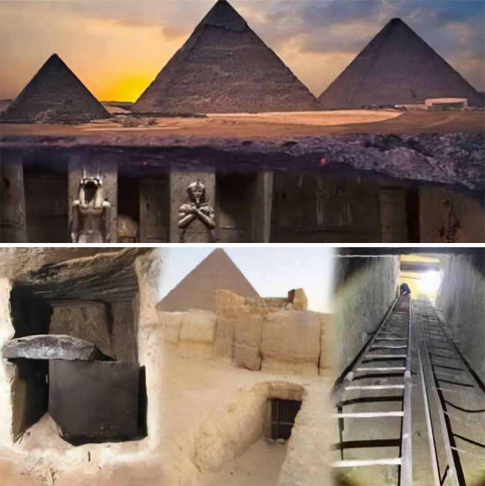 Ancient Egyptian pyramids and hidden tombs revealing historical sites unseen in textbooks at sunset and underground passages.