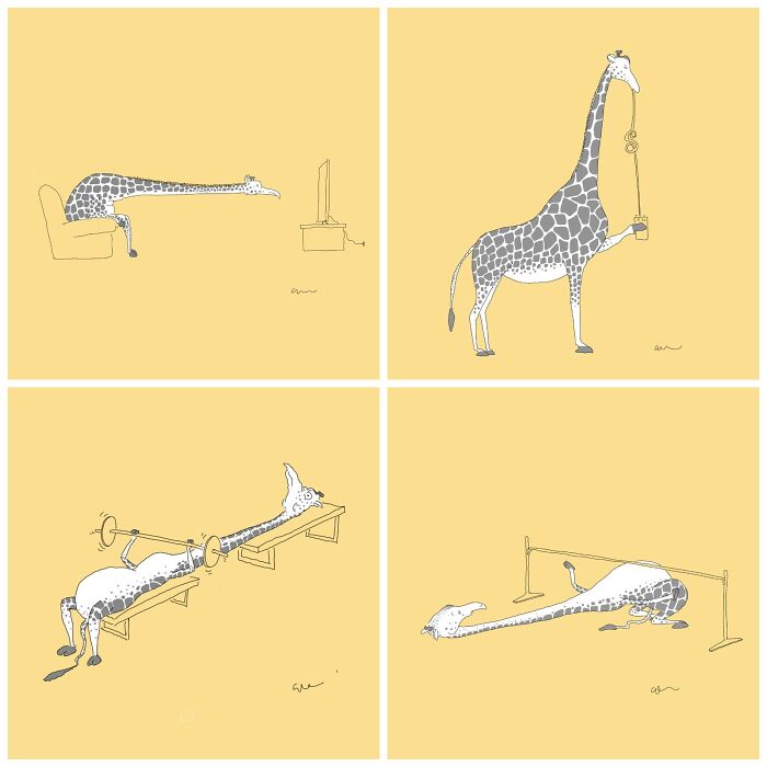 Minimalist comics featuring a giraffe in quirky scenes, exploring the weirder thoughts in simple, humorous illustrations.