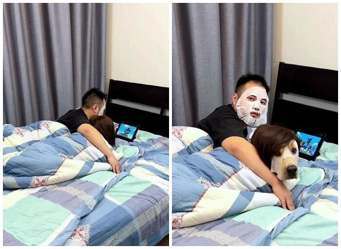 Man and dog lying in bed with face masks, showing an unexpectedly beautiful bond between humans and animals.