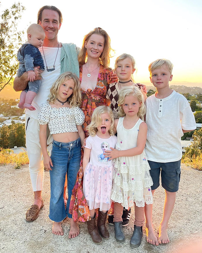 James Van Der Beek with his family outdoors at sunset, related to GoFundMe and money manager debate.
