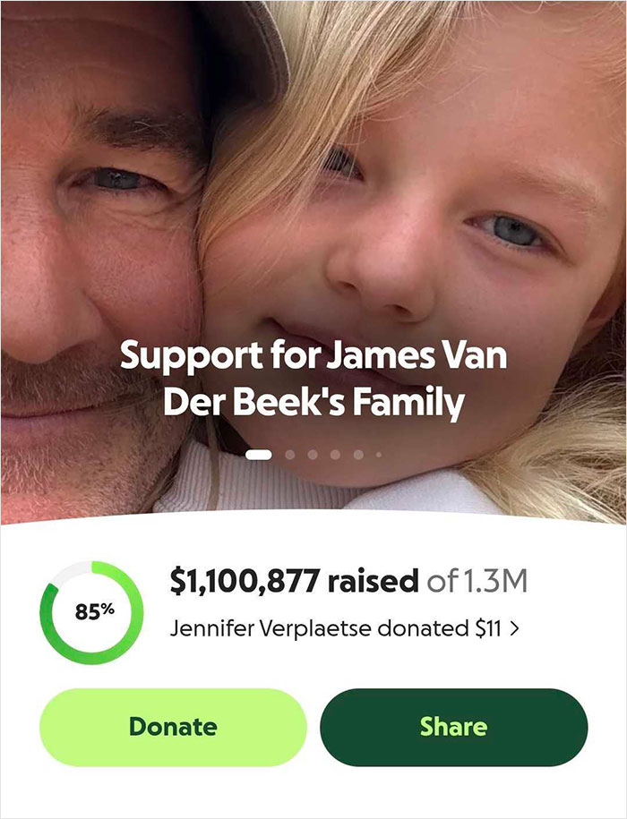 Close-up of a GoFundMe page showing support and funds raised for James Van Der Beek's family debate.