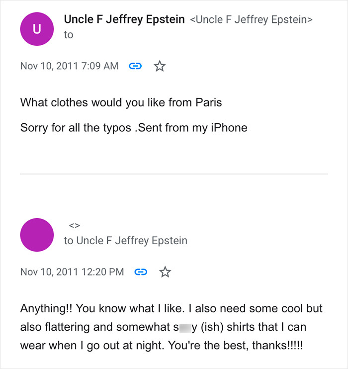 Email exchange revealing disturbing details about Epstein's obsession with ex-girlfriend's daughter discussing clothing preferences.