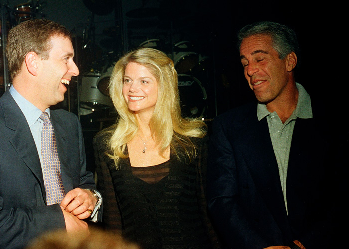 Jeffrey Epstein with two people in a dim setting relating to Princess Beatrice and Eugenie in emerging new files.