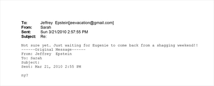 Email exchange on screen showing messages involving Jeffrey Epstein and a reference to Eugenie in new files.