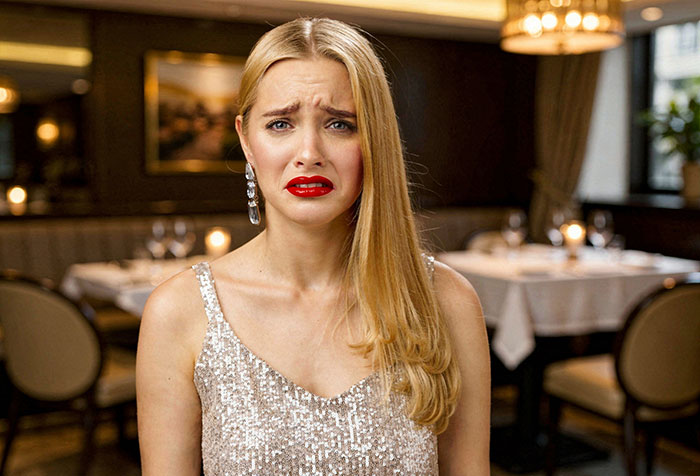 Young woman in a sparkly dress looking upset in a restaurant, highlighting pressures to lose weight after baby.