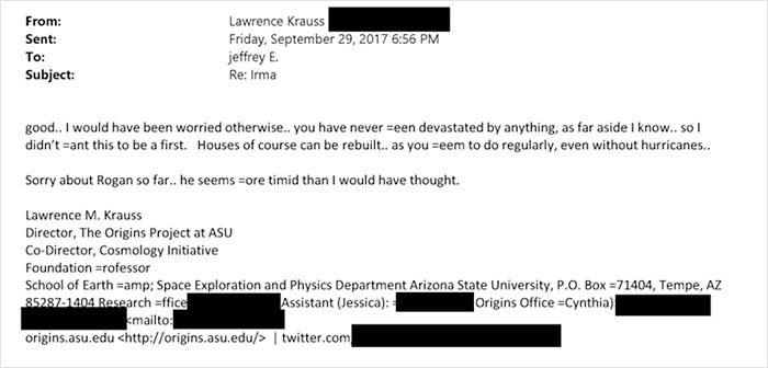 Email excerpt referencing Joe Rogan in context related to Epstein files, showing academic signature and partial details.