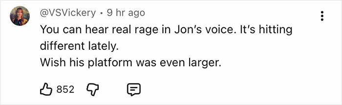 Social media comment highlighting Jon Stewart&rsquo;s rare public reaction amid Epstein files controversy.