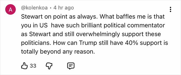 User comment discussing Jon Stewart&rsquo;s political commentary and support amid Epstein files controversy.