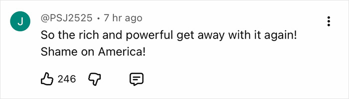 Comment reading so the rich and powerful get away with it again shame on America referencing Jon Stewart Epstein files mention.