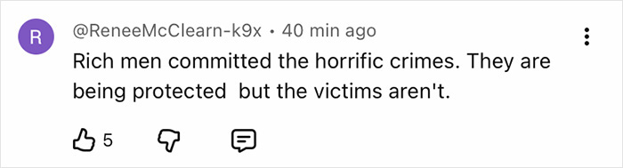 Comment by ReneeMcClearn about rich men and victims, related to Jon Stewart breaking silence in Epstein files discussion.