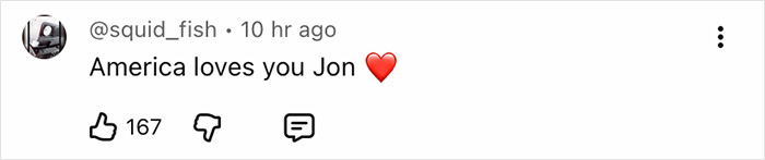 Screenshot of a social media comment saying America loves Jon with a red heart, related to Jon Stewart Epstein files.