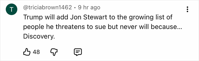 Social media comment discussing Jon Stewart's name appearing in the Epstein files and related legal threats.