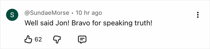 Comment on social media praising Jon Stewart for speaking the truth after his name appears in the Epstein files.