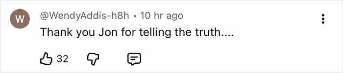 Social media comment thanking Jon Stewart for addressing his name appearing in the Epstein files discussion.