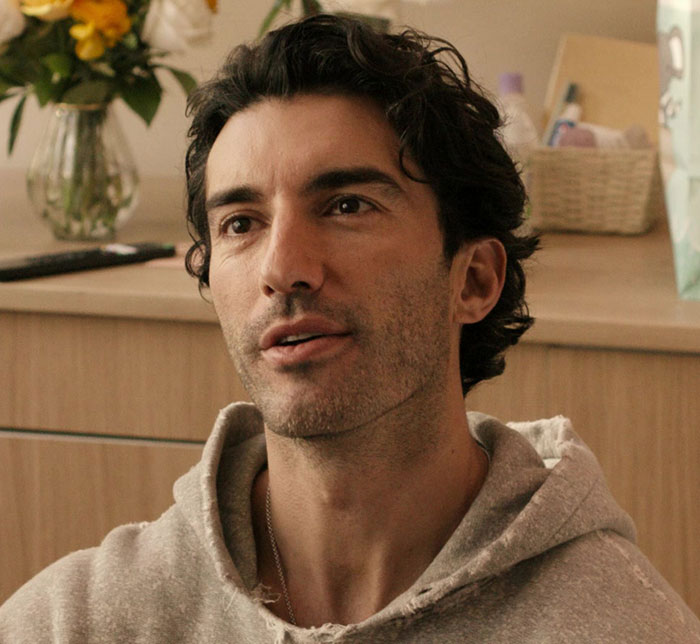 Man with dark hair and stubble wearing a gray hoodie, seated indoors near a wooden cabinet and flowers.