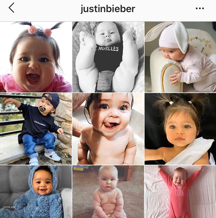 Instagram grid of babies with various expressions and outfits, unrelated to disturbing theory linking Justin Bieber to Epstein.