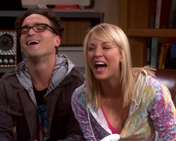 Kaley Cuoco laughing with co-star on Big Bang Theory set, revealing moment she realized she'd gone too far with Botox.