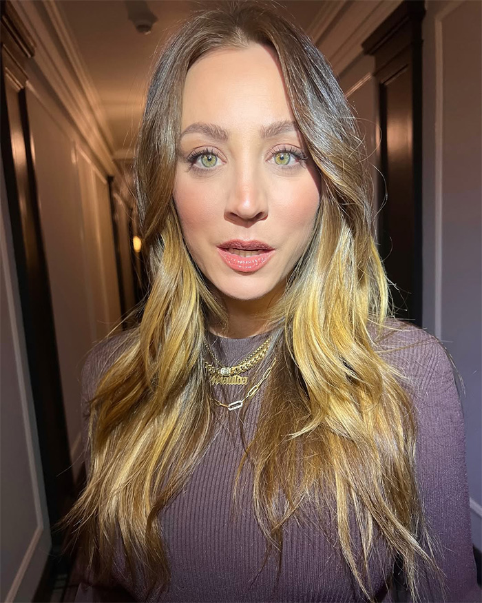 Kaley Cuoco with long blonde hair and layered necklaces, sharing her Botox experience during Big Bang Theory days.
