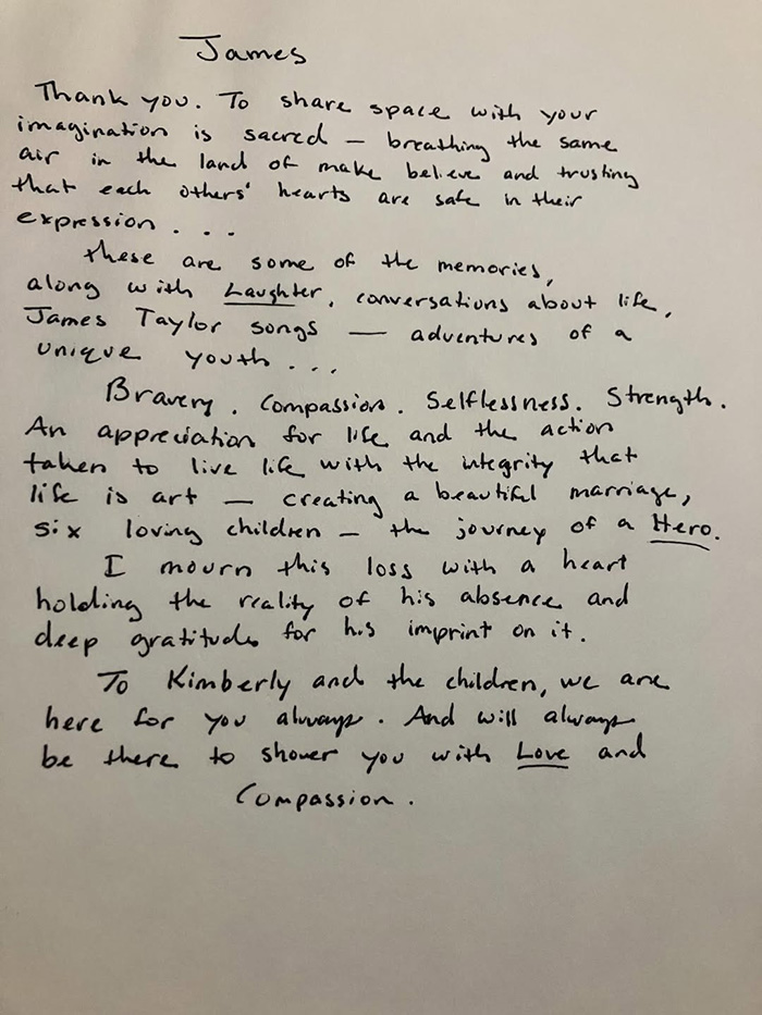 Handwritten letter by Katie Holmes honoring her late costar James Van Der Beek with memories and heartfelt tribute.