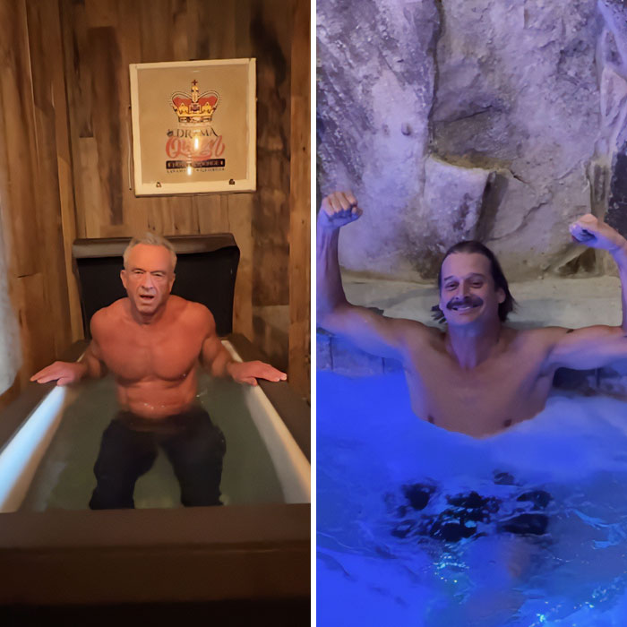 RFK Jr. and Kid Rock shirtless in separate tubs, with RFK Jr. focused and Kid Rock flexing muscles smiling. RFK Jr. and Kid Rock shirtless in separate tubs, with RFK Jr. focused and Kid Rock flexing muscles smiling.