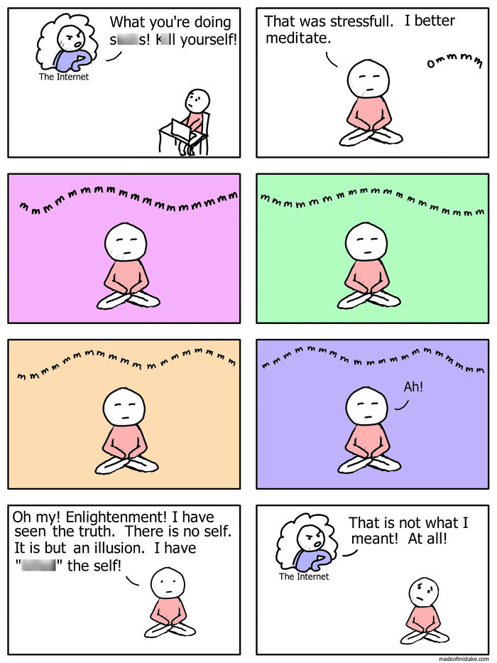 Minimalistic comic panels showing a person dealing with internet stress and finding unexpected meditation insights.