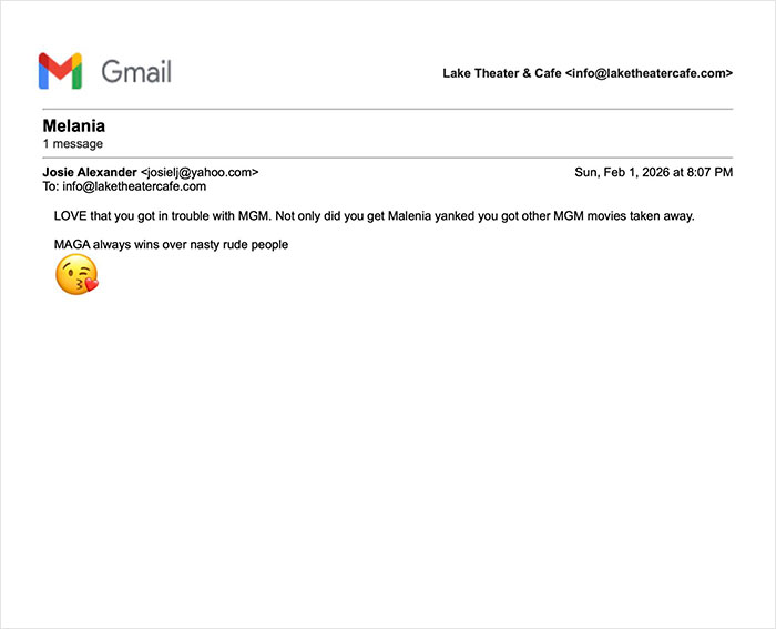 Email from Josie Alexander at Lake Theater & Cafe discussing MGM pulling Melania documentary after a brutal joke.