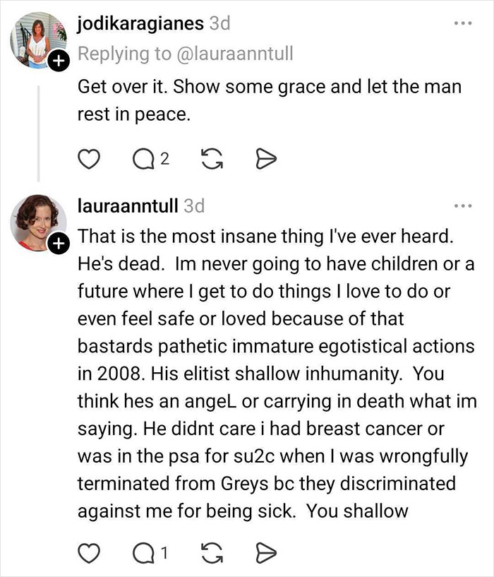 Social media comments showing a dispute over bullying claims against Eric Dane from Grey's Anatomy after his passing.