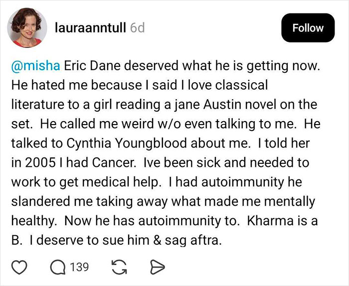 Screenshot of social media post where Grey's Anatomy actress claims Eric Dane bullied her brutally, causing backlash after his passing.