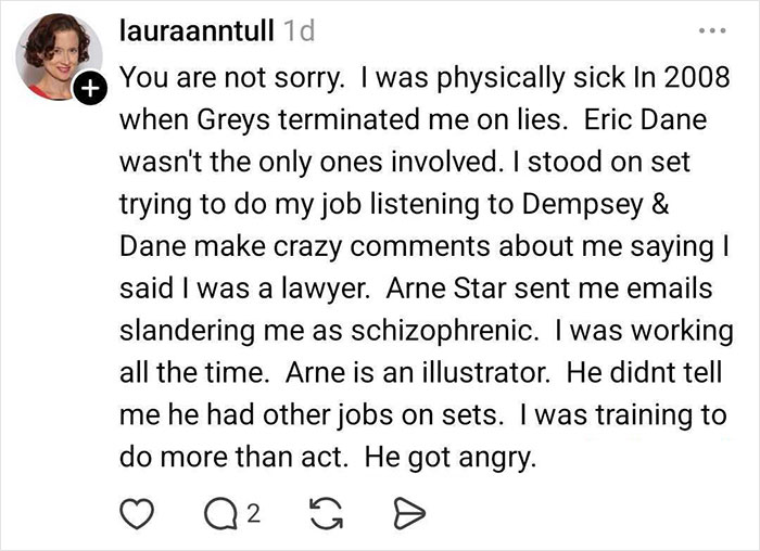 Screenshot of social media post by Grey's Anatomy actress alleging Eric Dane bullied her on set, causing distress.