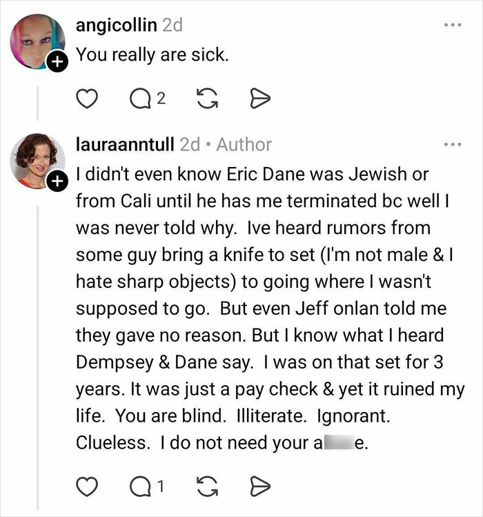 Social media comments discussing Grey's Anatomy actress's claim of Eric Dane bullying her on set.