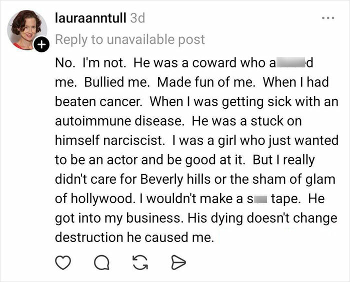 Instagram comment from Grey's Anatomy actress accusing Eric Dane of bullying during illness and denying sympathy after his passing.