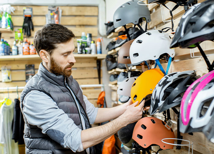 Man examining helmet in a shop, symbolizing protection, related to divorce lawyers sharing haunting stories.