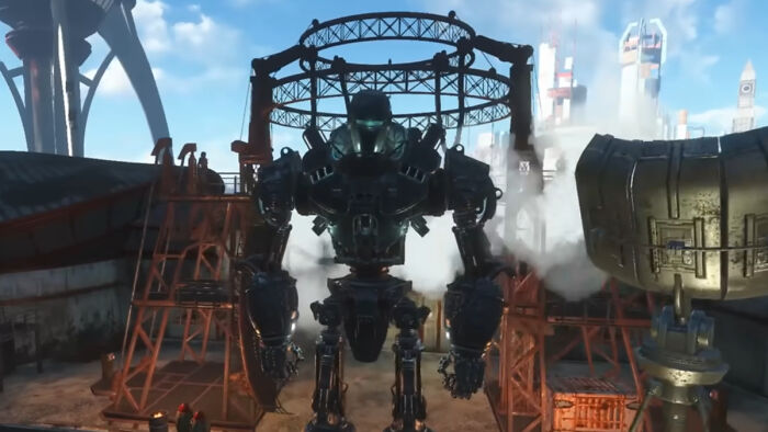 Post-credits scene from Fallout finale showing a large robot in a futuristic industrial setting hinting at Season 3 plot developments. - 3