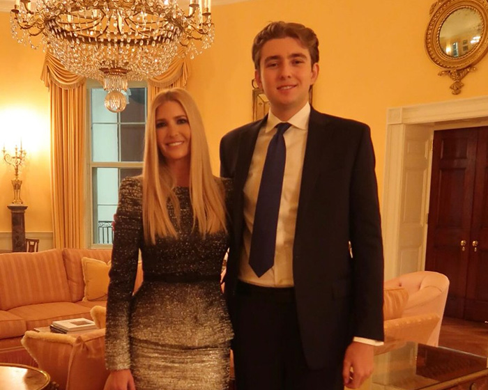 Ivanka Trump and Barron Trump posing together in a formal setting related to lip reader claims about rude words.