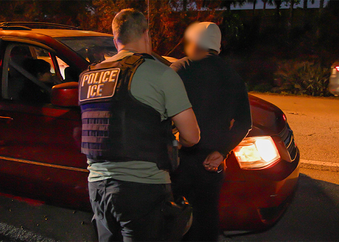 ICE agent detaining a person at night next to a red vehicle, related to MAGA influencer deportation incident.