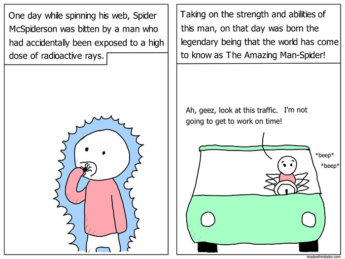 Minimalistic comic panels showing a character bitten by radioactive rays and stuck in traffic as Man-Spider.