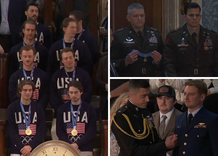 Group of decorated military personnel and Olympic athletes at the State of the Union address highlighting viral moments.