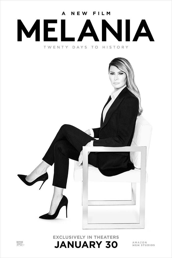 Melania film promotional poster featuring a woman in a black suit sitting on a modern white chair for theater release.