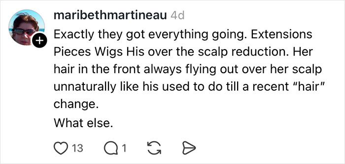 Comment discussing Melania Trump’s hair extensions and scalp, highlighting issues uncovered by the wind.