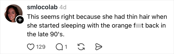 Comment from user smlocolab discussing thin hair in relation to Melania Trump’s perfectly polished appearance slipping in the wind.