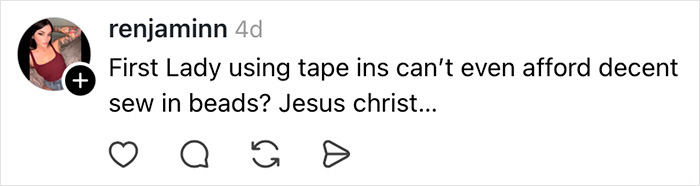 Comment from social media discussing Melania Trump’s perfectly polished appearance slipping as wind reveals a hidden flaw in her outfit.