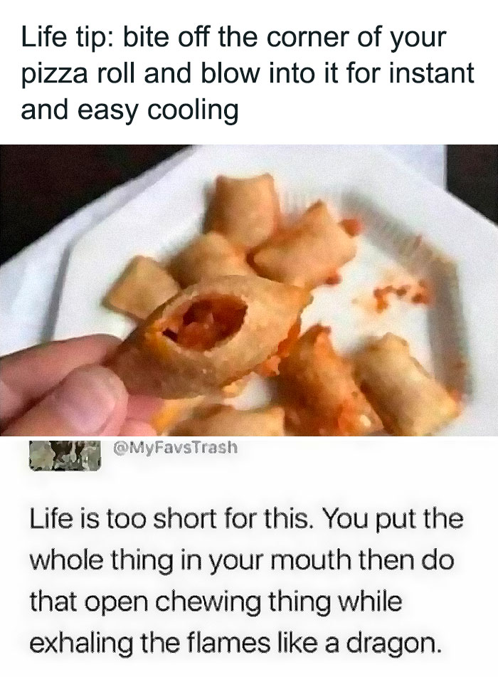 Hand holding a pizza roll with a bitten corner for cooling, illustrating food memes that capture snack cravings.
