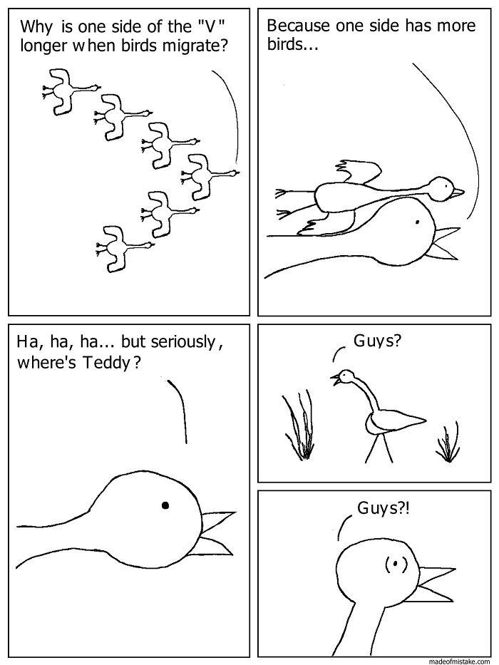 Minimalistic comic panels showing birds migrating in a V shape with humorous everyday observations about their formation.