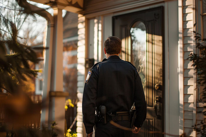 Police officer in uniform approaching a house door, symbolizing CPS visit after false accusations against new parents. Police officer in uniform approaching a house door, symbolizing CPS visit after false accusations against new parents.